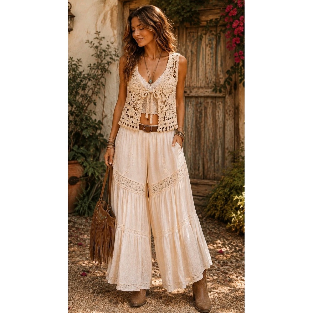 Crochet Floral Openwork Vest Womens Small Boho Bohemian Tie Front Cottagecore